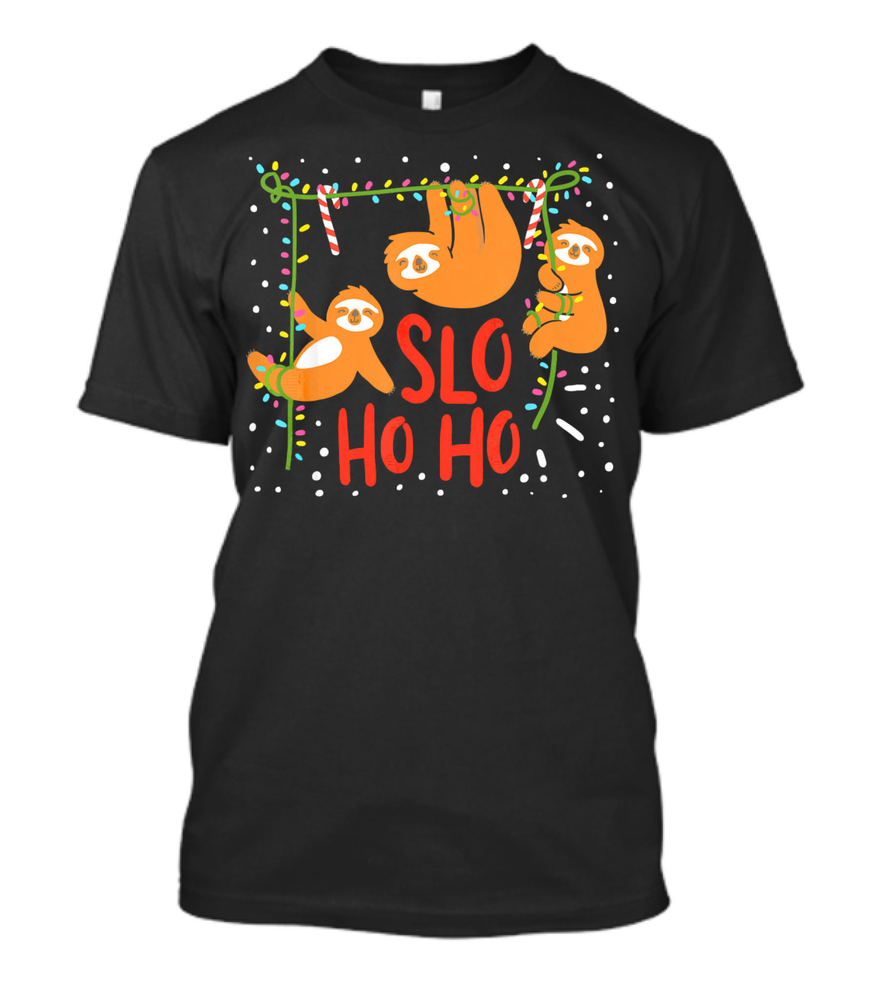 Slo Ho Ho Ho Christmas Sloth Hanging With Candy Cane And Lights T-Shirt