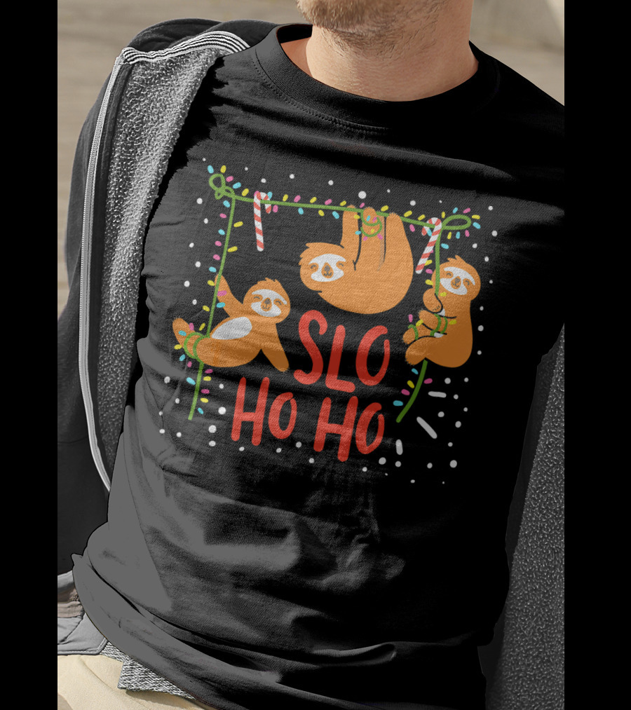 Slo Ho Ho Ho Christmas Sloth Hanging With Candy Cane And Lights T-Shirt