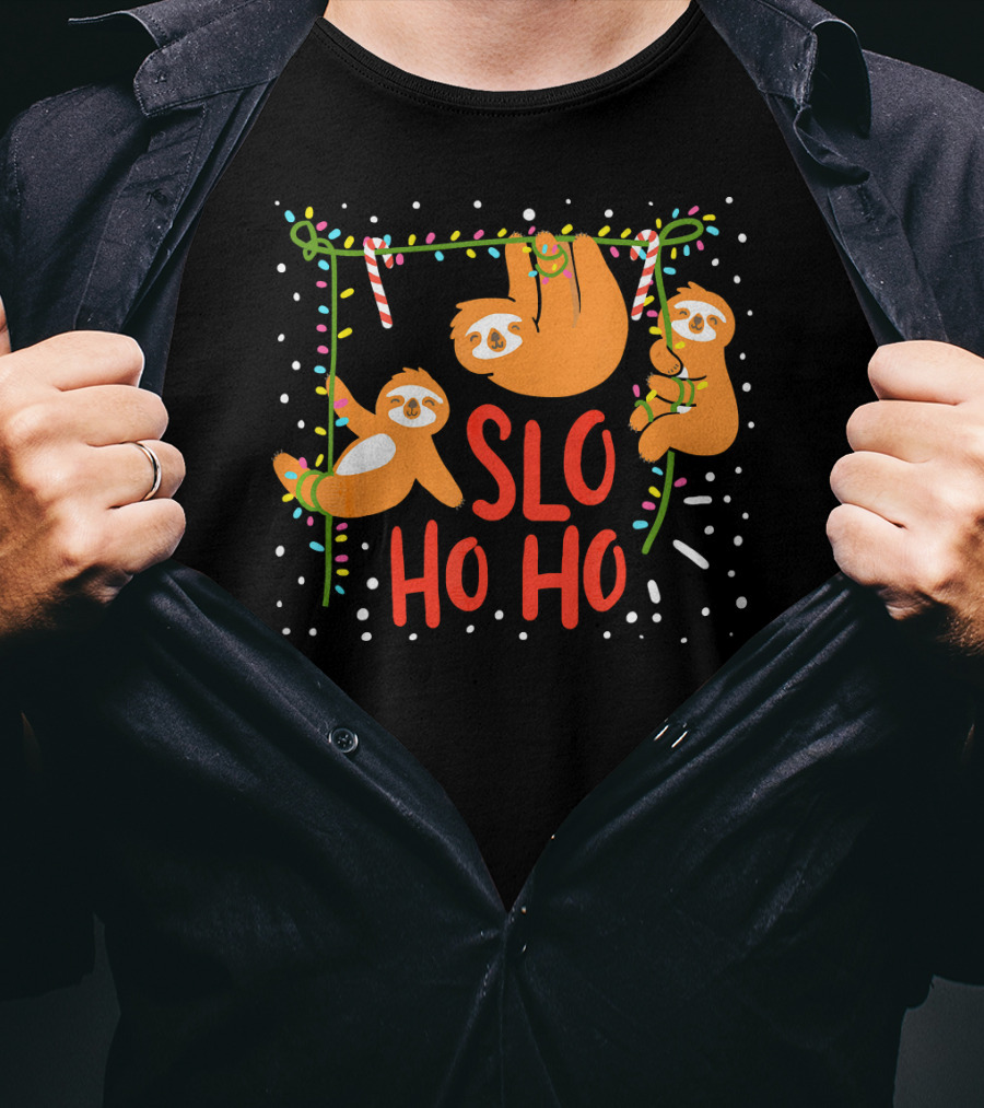 Slo Ho Ho Ho Christmas Sloth Hanging With Candy Cane And Lights T-Shirt