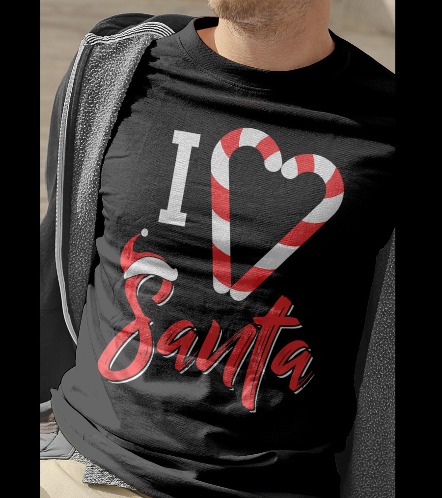 Christmas I Love Santa Candy Cane Heart With Santa Hat T-Shirt