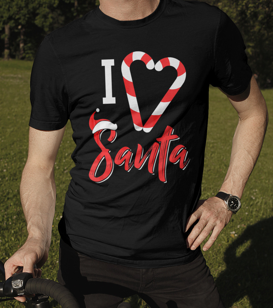 Christmas I Love Santa Candy Cane Heart With Santa Hat T-Shirt
