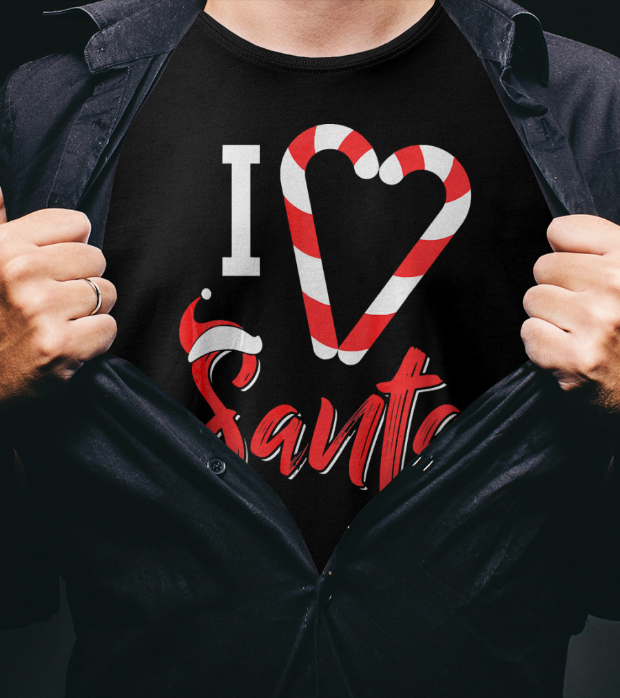 Christmas I Love Santa Candy Cane Heart With Santa Hat T-Shirt