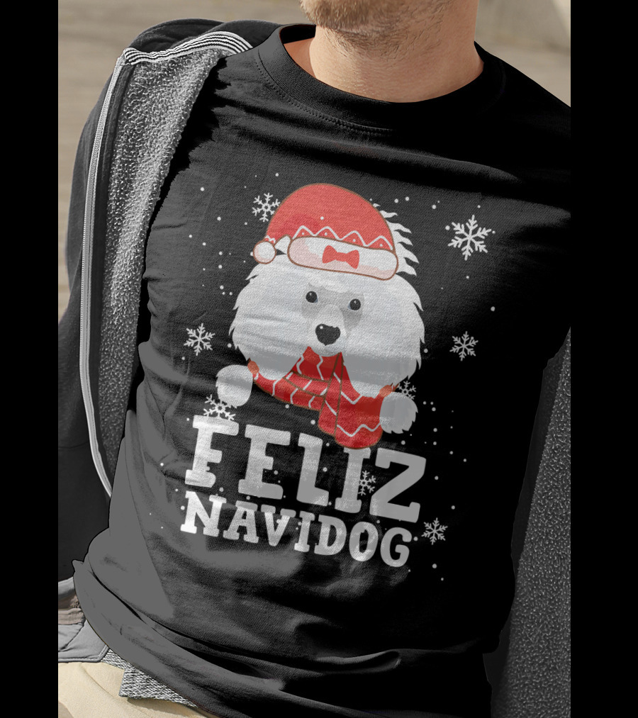 Feliz Navidog Poodle Dog Snowflakes Santa Hat Red Scarf T-Shirt