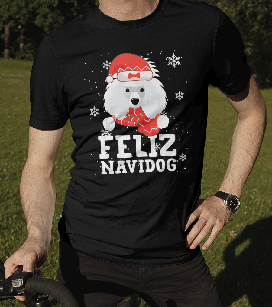 Feliz Navidog Poodle Dog Snowflakes Santa Hat Red Scarf T-Shirt