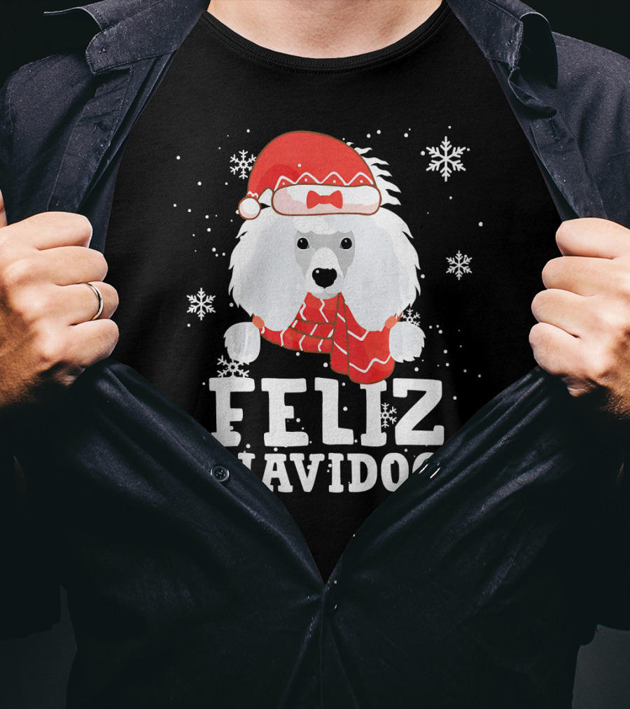 Feliz Navidog Poodle Dog Snowflakes Santa Hat Red Scarf T-Shirt