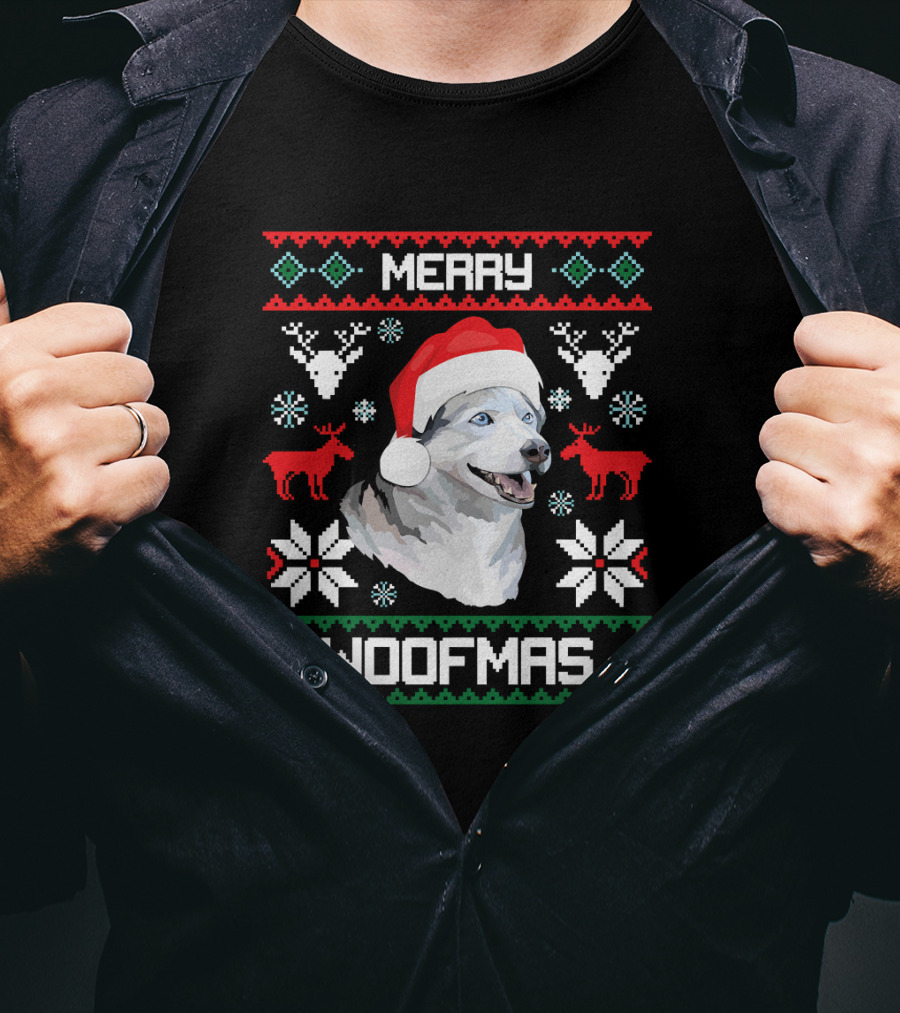 Merry Woofmas Siberian Husky Dog In Santa Hat With Reindeer And Snowflakes T-Shirt