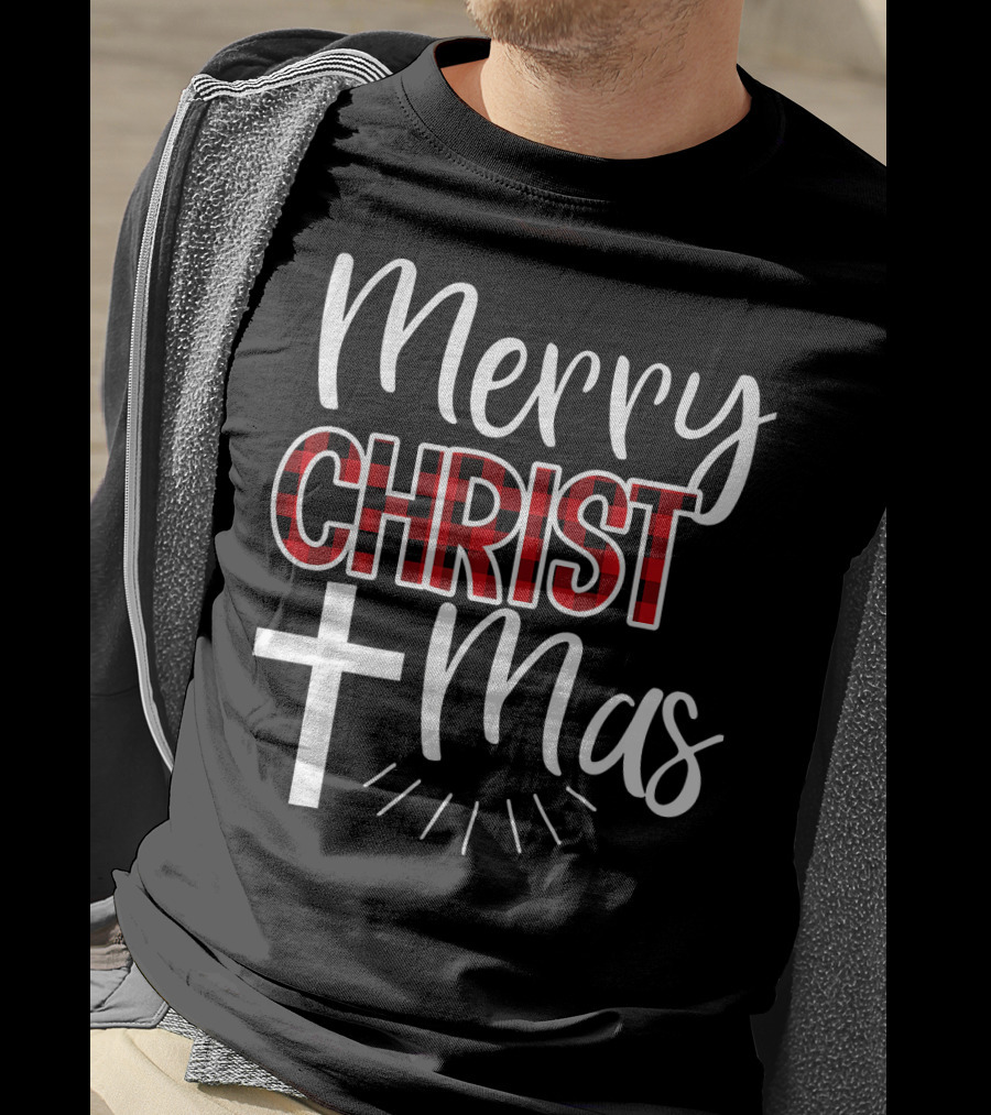 Merry CHRISTmas Cross Buffalo Plaid Christian T-Shirt