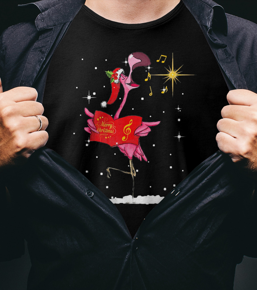 Funny Flamingo Sings Merry Christmas Song With Musical Notes And Santa Hat T-Shirt