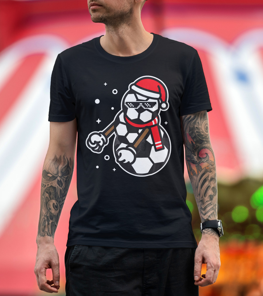 Soccer Player Snowman Funny Boy Girl Christmas Cool Santa Hat Pixel Glasses T-Shirt