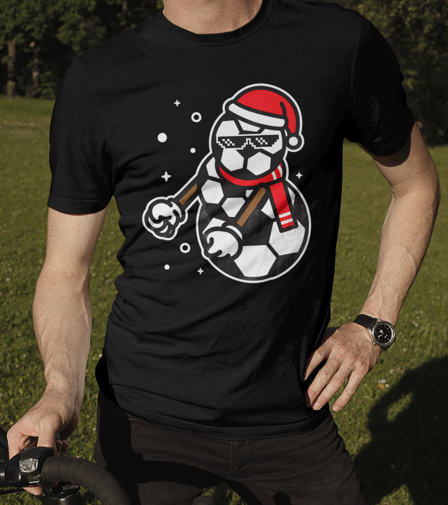 Soccer Player Snowman Funny Boy Girl Christmas Cool Santa Hat Pixel Glasses T-Shirt