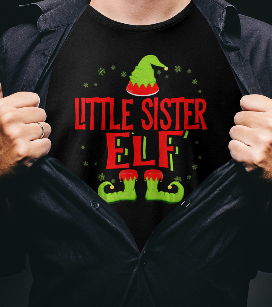 Little Sister Elf Christmas Hat And Shoes T-Shirt
