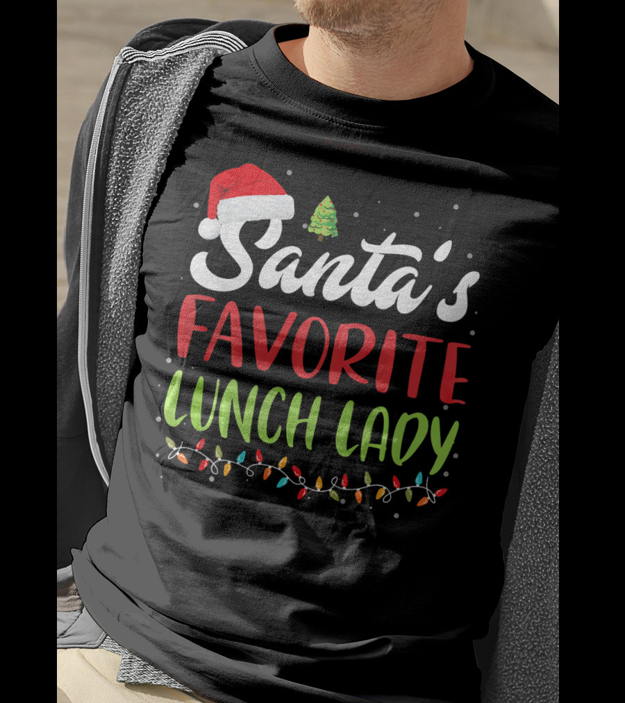Santa's Favorite Lunch Lady Christmas Lights Santa Hat Tree T-Shirt