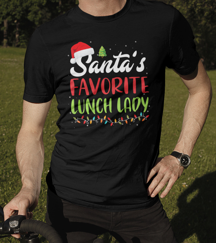 Santa's Favorite Lunch Lady Christmas Lights Santa Hat Tree T-Shirt