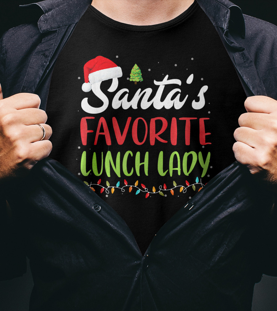 Santa's Favorite Lunch Lady Christmas Lights Santa Hat Tree T-Shirt