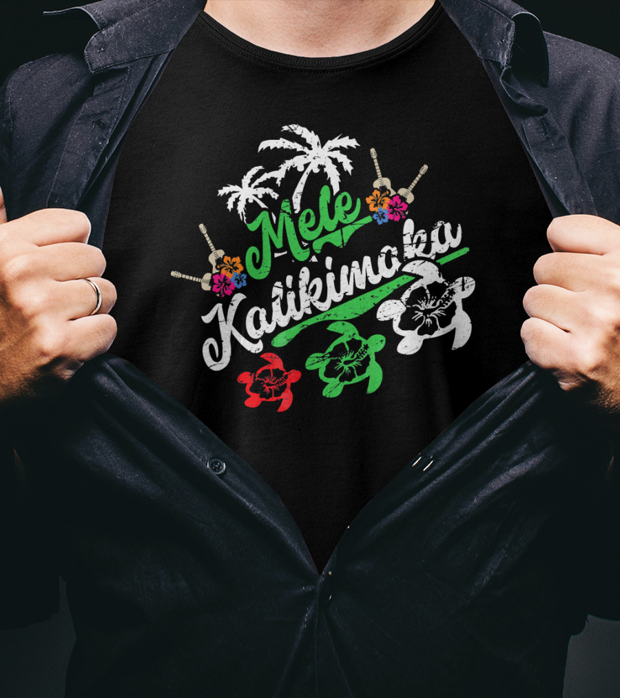 Mele Kalikimaka Hawaiian Turtles Palm Trees Flowers T-Shirt