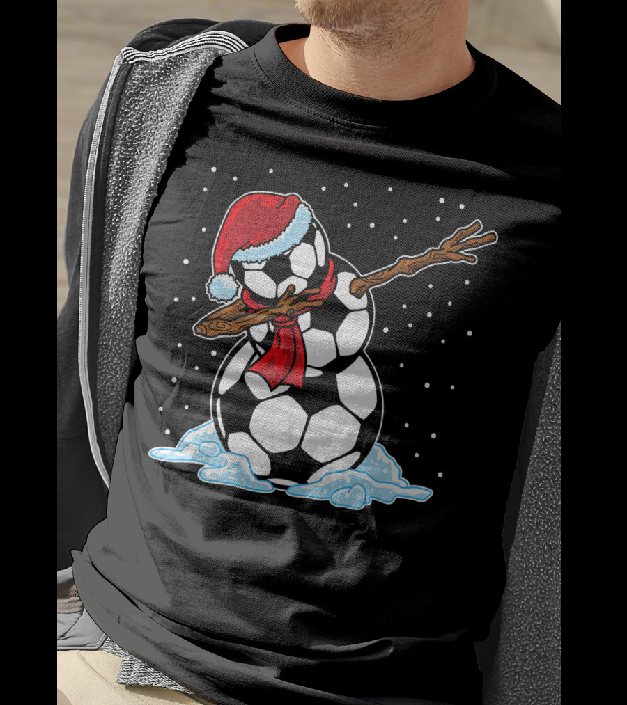 Santa Hat Soccer Ball Snowman With Red Scarf Dabbing In Snowflakes T-Shirt