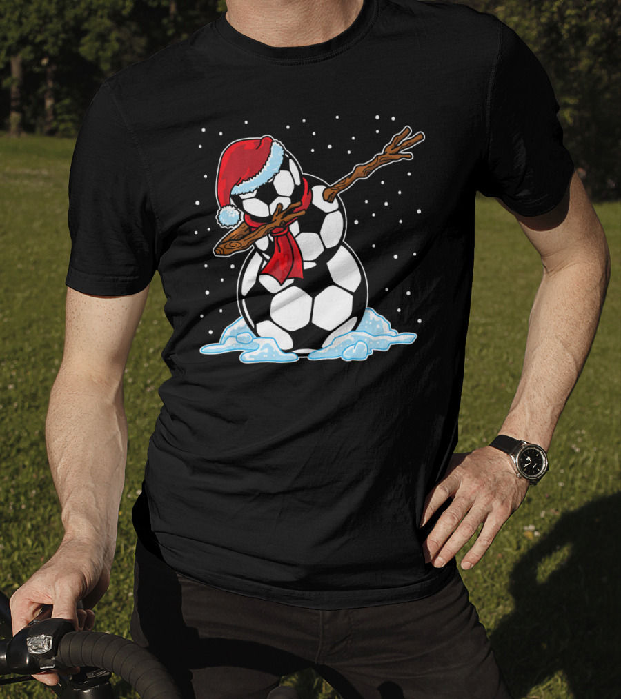 Santa Hat Soccer Ball Snowman With Red Scarf Dabbing In Snowflakes T-Shirt