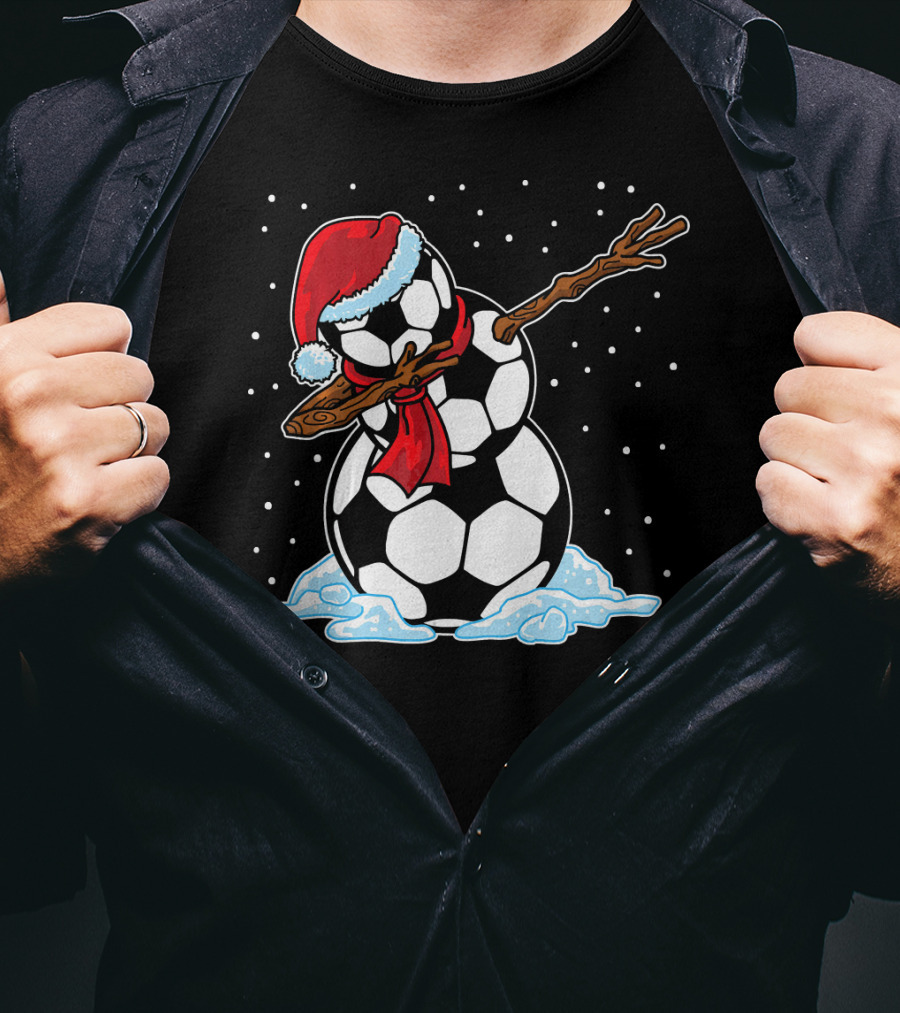 Santa Hat Soccer Ball Snowman With Red Scarf Dabbing In Snowflakes T-Shirt