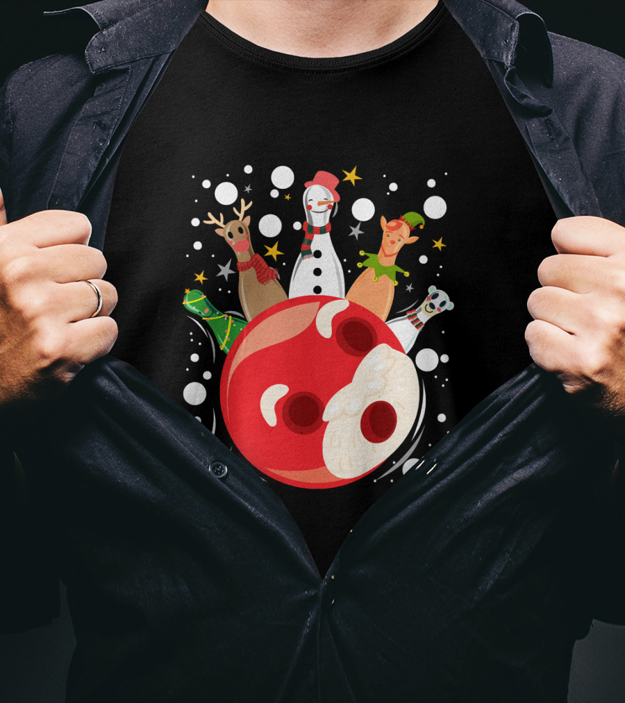 Bowling Pin Christmas Snowman Reindeer Elf Funny Bowler T-Shirt