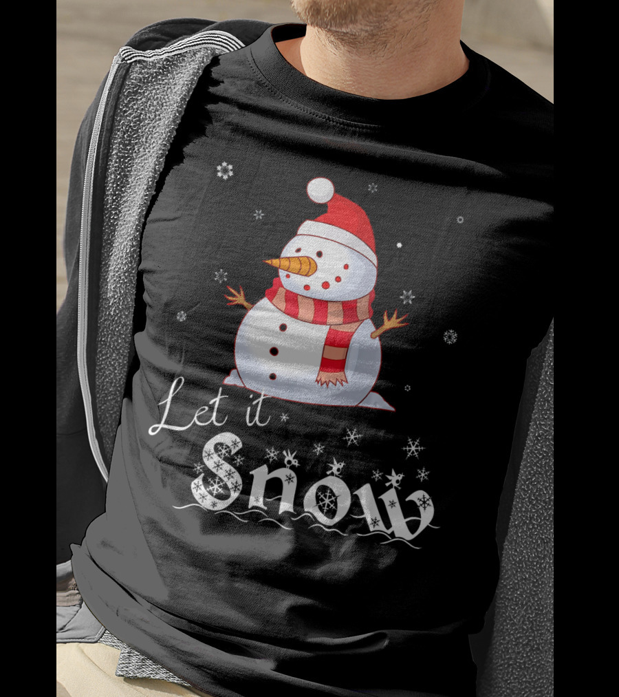 Let It Snow Cute Snowman In Santa Hat And Scarf With Snowflakes T-Shirt