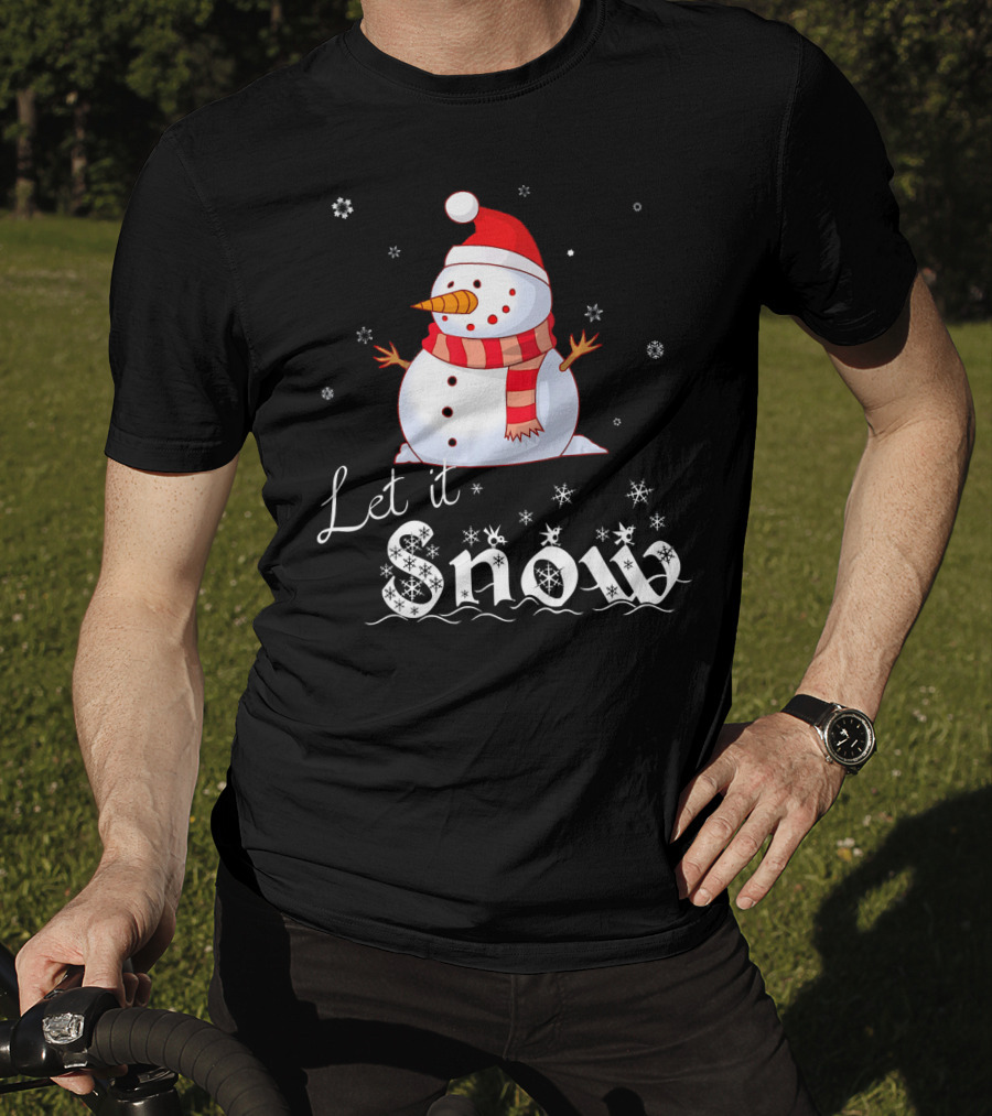 Let It Snow Cute Snowman In Santa Hat And Scarf With Snowflakes T-Shirt