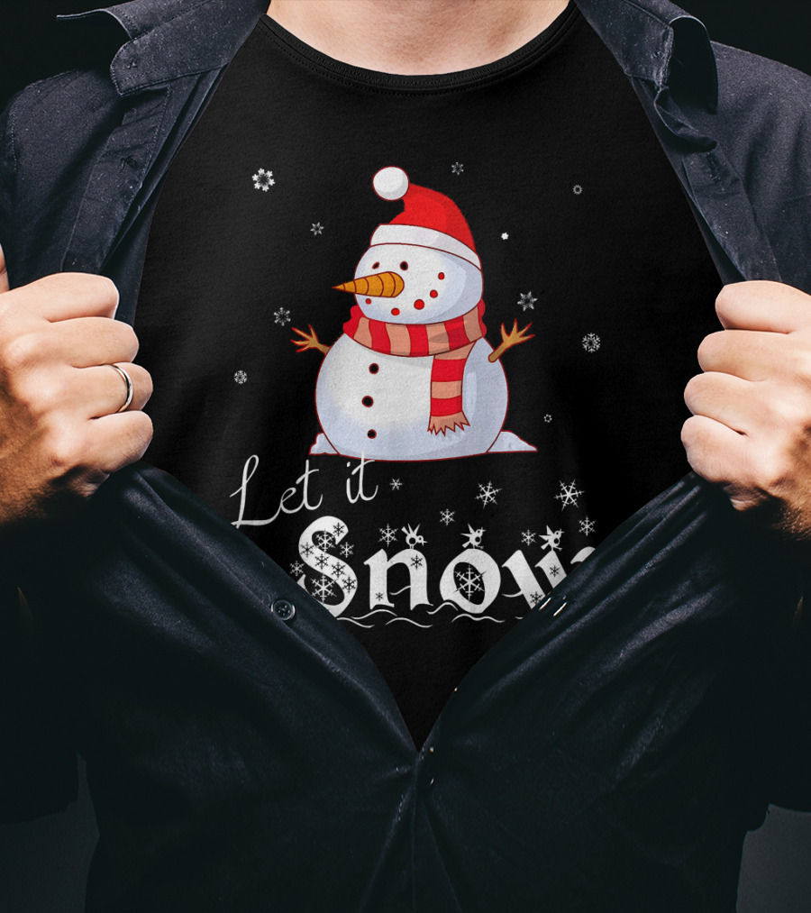 Let It Snow Cute Snowman In Santa Hat And Scarf With Snowflakes T-Shirt