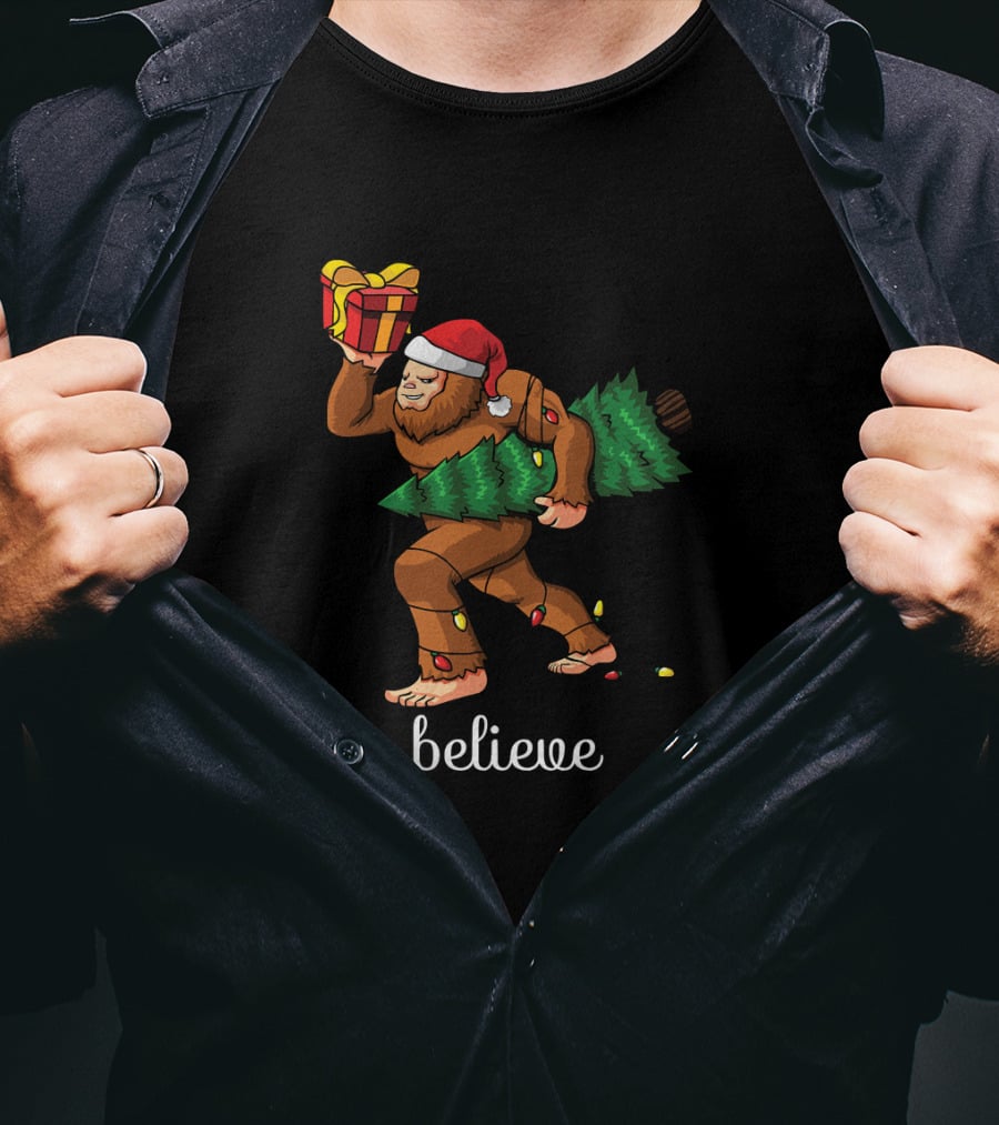 Believe Bigfoot Christmas Tree Sasquatch Santa Hat Gift T-Shirt