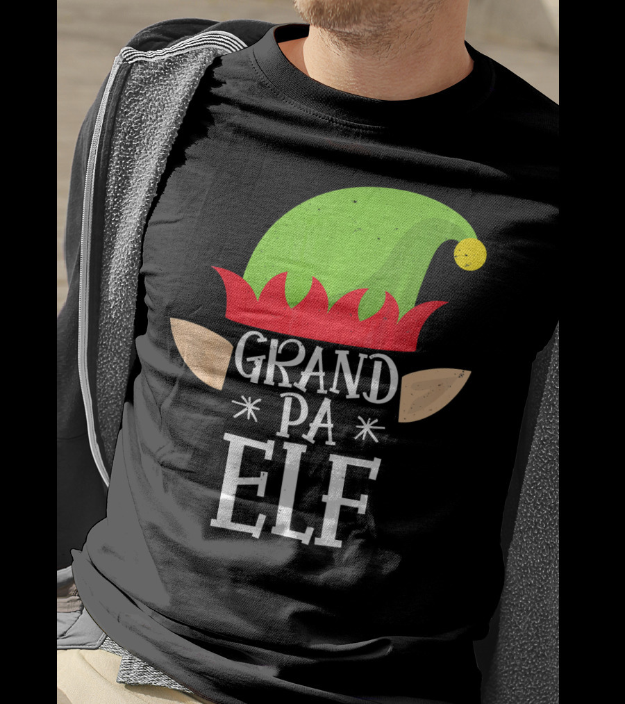 Grandpa Elf Funny Christmas Family Match Holiday Hat And Ears T-Shirt