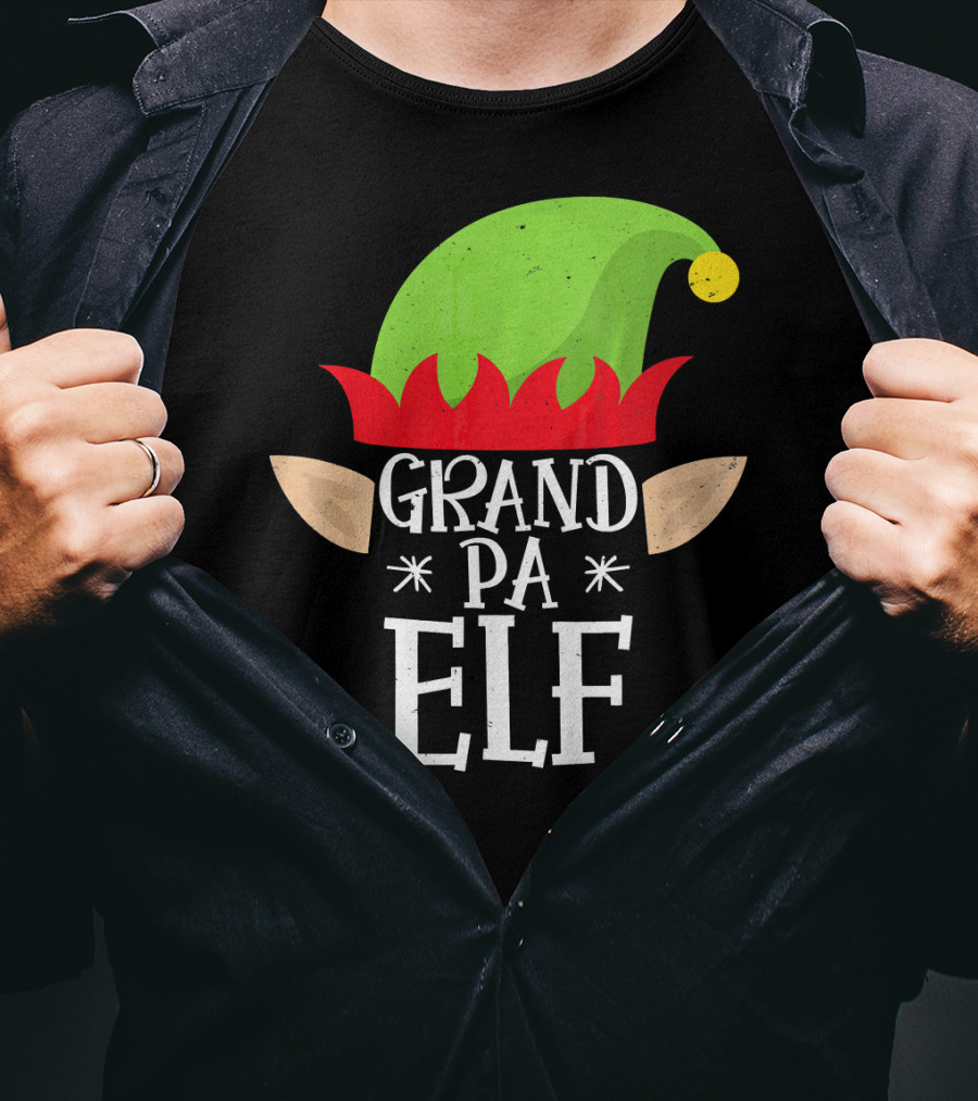 Grandpa Elf Funny Christmas Family Match Holiday Hat And Ears T-Shirt