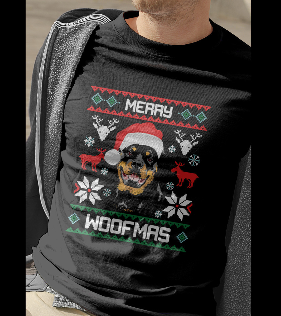 Rottweiler Merry Woofmas Santa Hat Reindeer Ugly Christmas T-Shirt