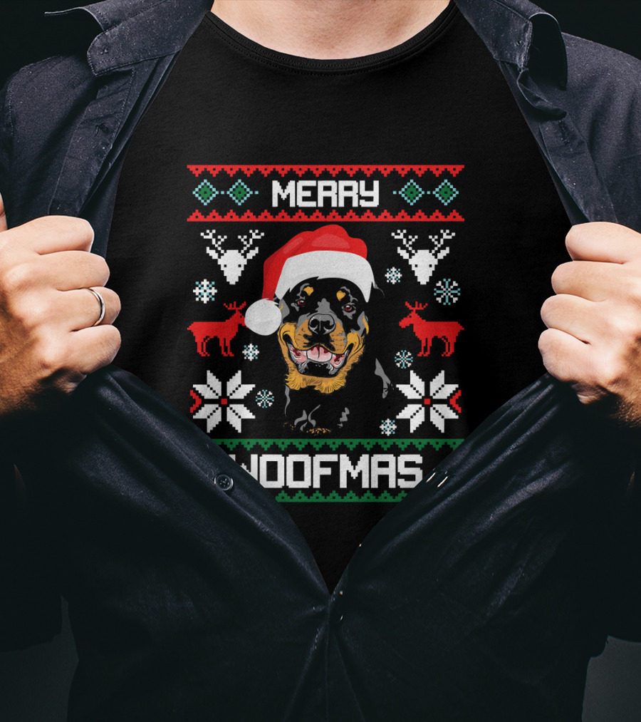Rottweiler Merry Woofmas Santa Hat Reindeer Ugly Christmas T-Shirt