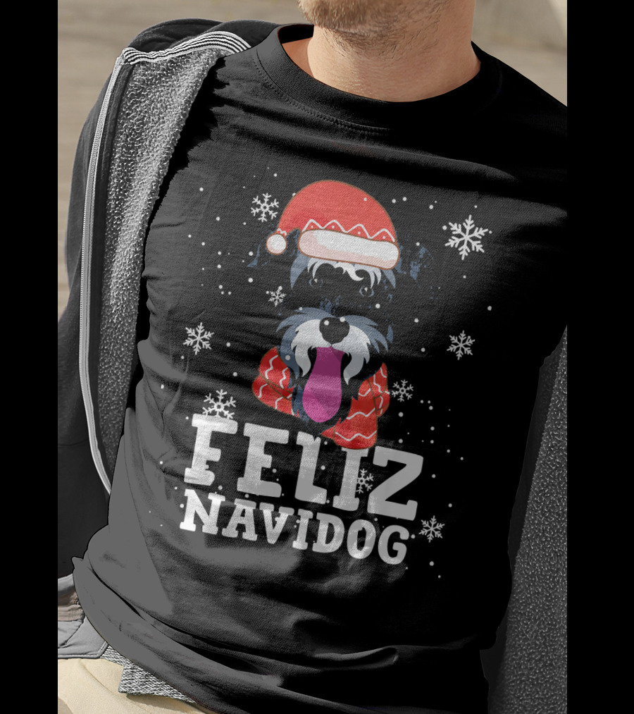 Feliz Navidog Miniature Schnauzer Dog Santa Hat Snowflakes T-Shirt