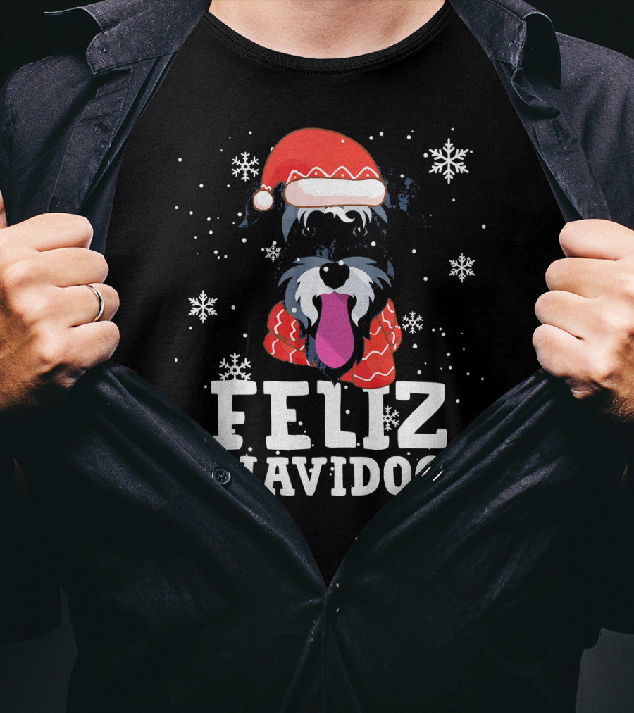 Feliz Navidog Miniature Schnauzer Dog Santa Hat Snowflakes T-Shirt