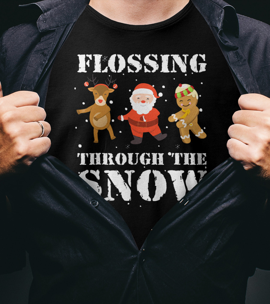 Flossing Through The Snow Santa Reindeer Gingerbread Dancing T-Shirt