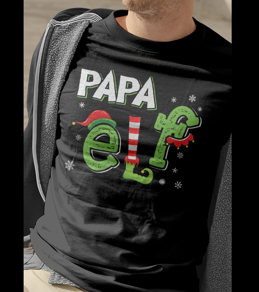 PAPA ELF Christmas Hat Stripes And Snowflakes T-Shirt
