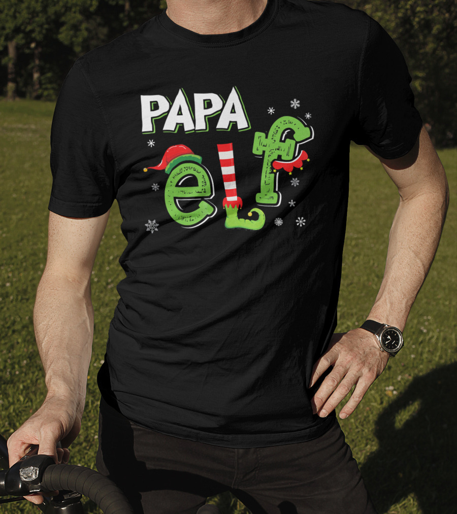 PAPA ELF Christmas Hat Stripes And Snowflakes T-Shirt