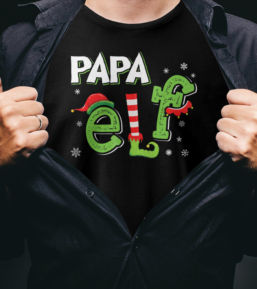 PAPA ELF Christmas Hat Stripes And Snowflakes T-Shirt