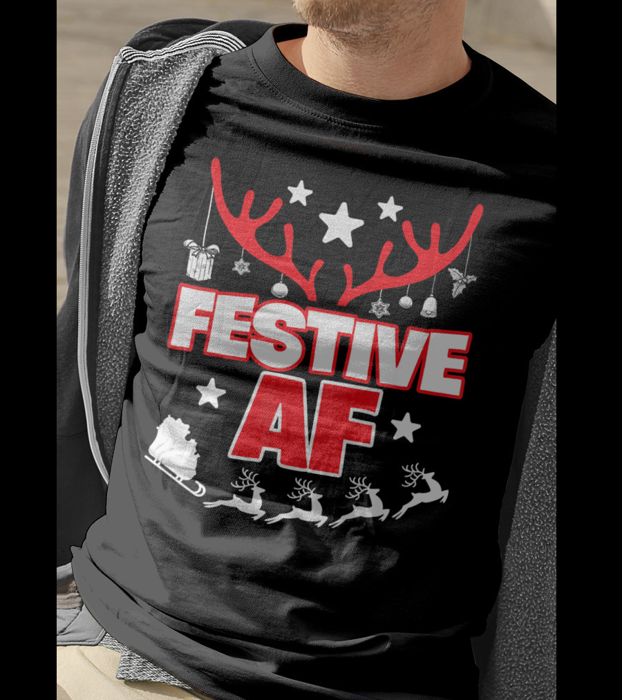 Festive AF Antlers Reindeer Stars Christmas Sled T-Shirt