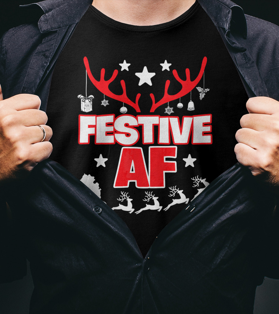 Festive AF Antlers Reindeer Stars Christmas Sled T-Shirt