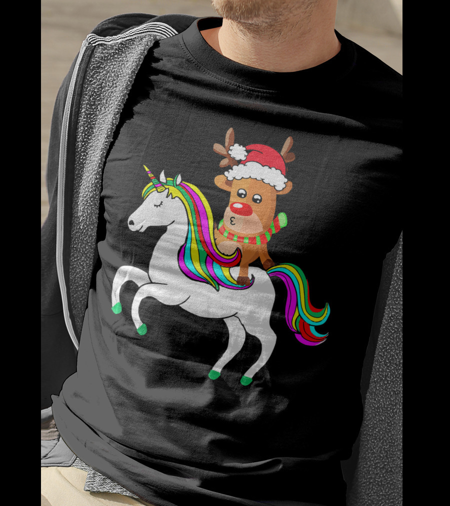 Reindeer In Santa Hat Riding Colorful-Maned Unicorn T-Shirt