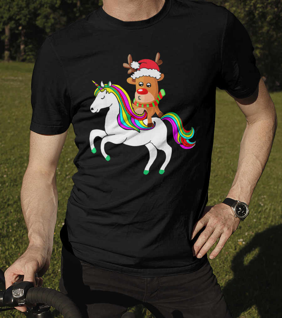 Reindeer In Santa Hat Riding Colorful-Maned Unicorn T-Shirt