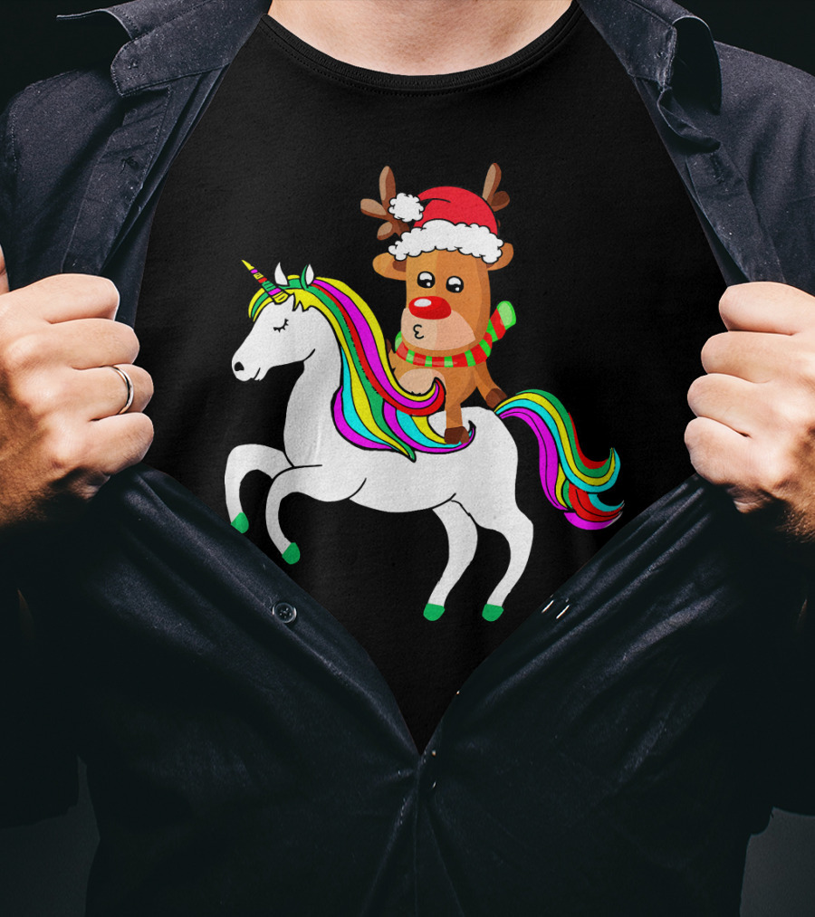 Reindeer In Santa Hat Riding Colorful-Maned Unicorn T-Shirt