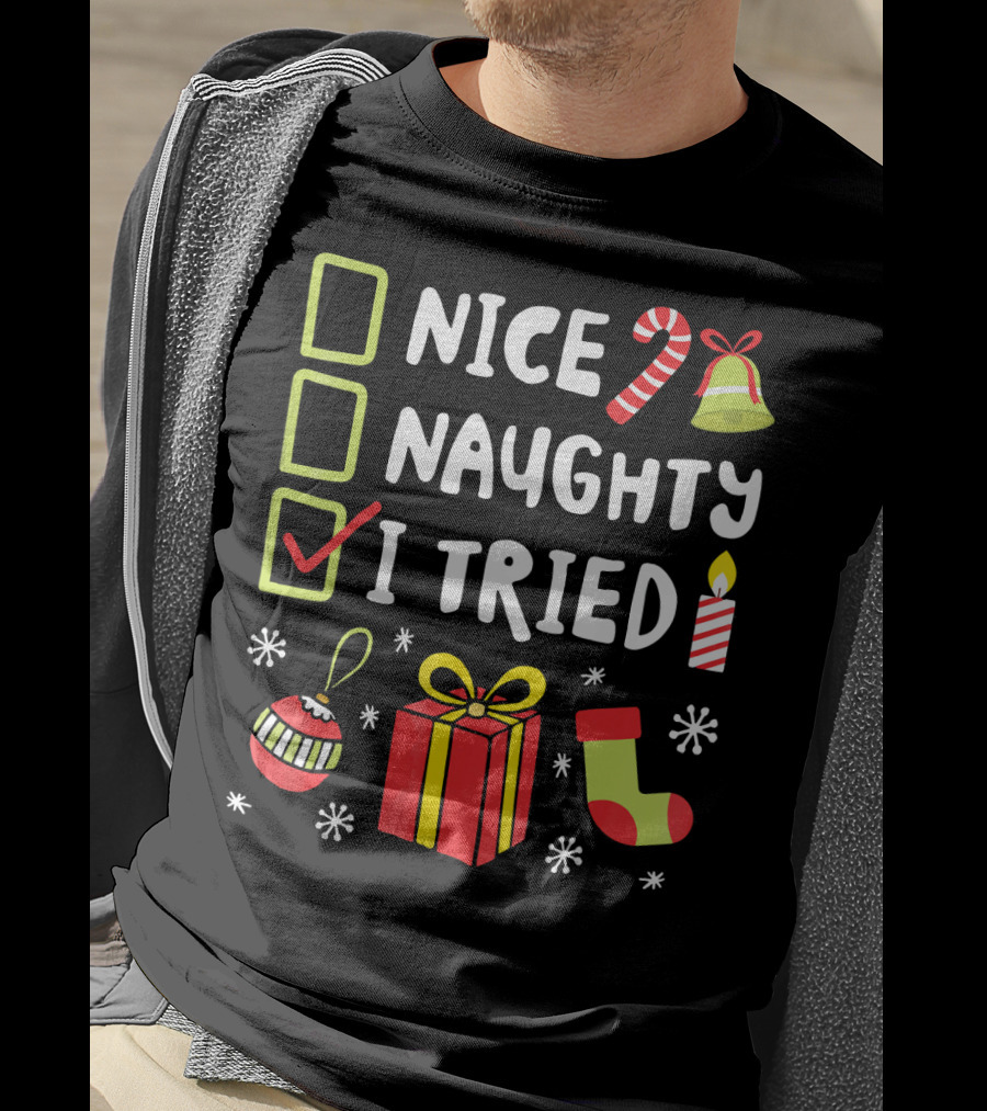 Nice Naughty I Tried Christmas Checklist Candle Gift Stocking T-Shirt