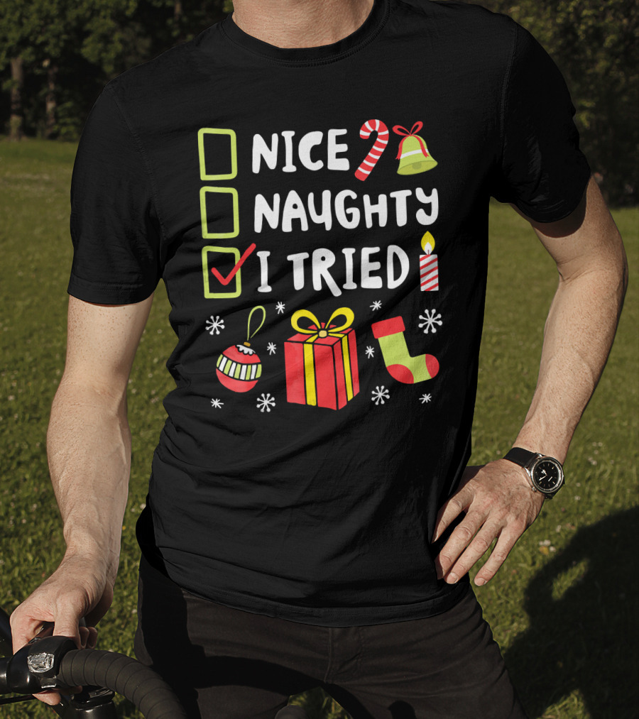 Nice Naughty I Tried Christmas Checklist Candle Gift Stocking T-Shirt