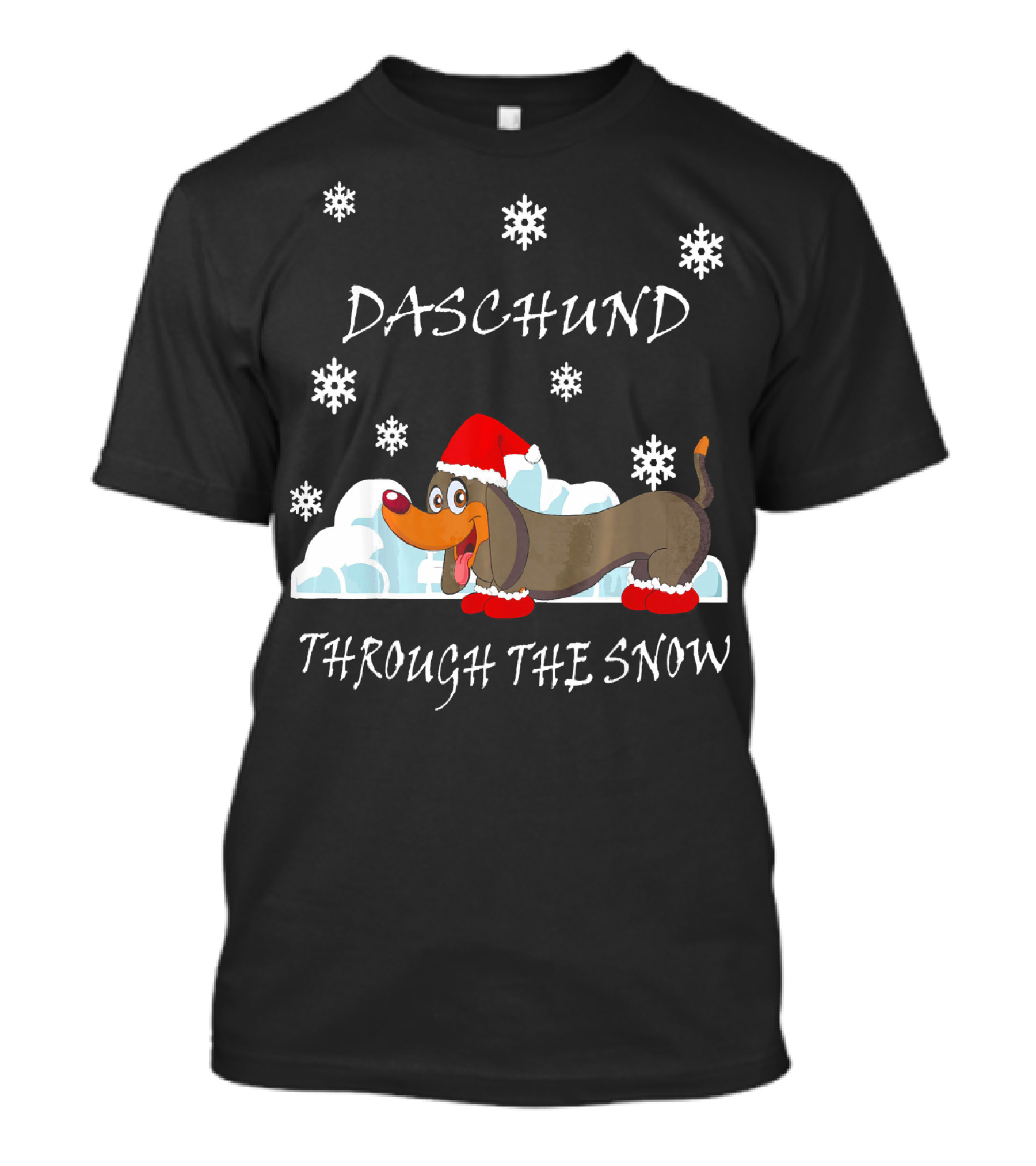 Daschund Through The Snow Santa Hat Snowflakes T-Shirt