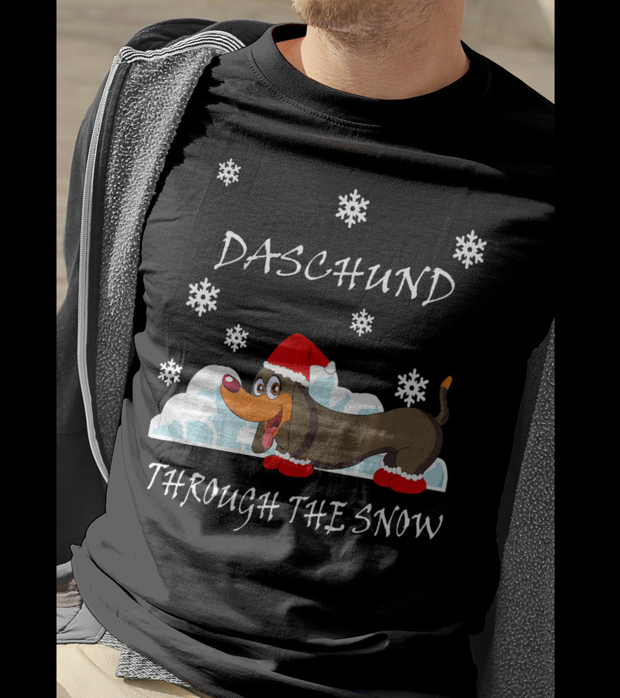 Daschund Through The Snow Santa Hat Snowflakes T-Shirt