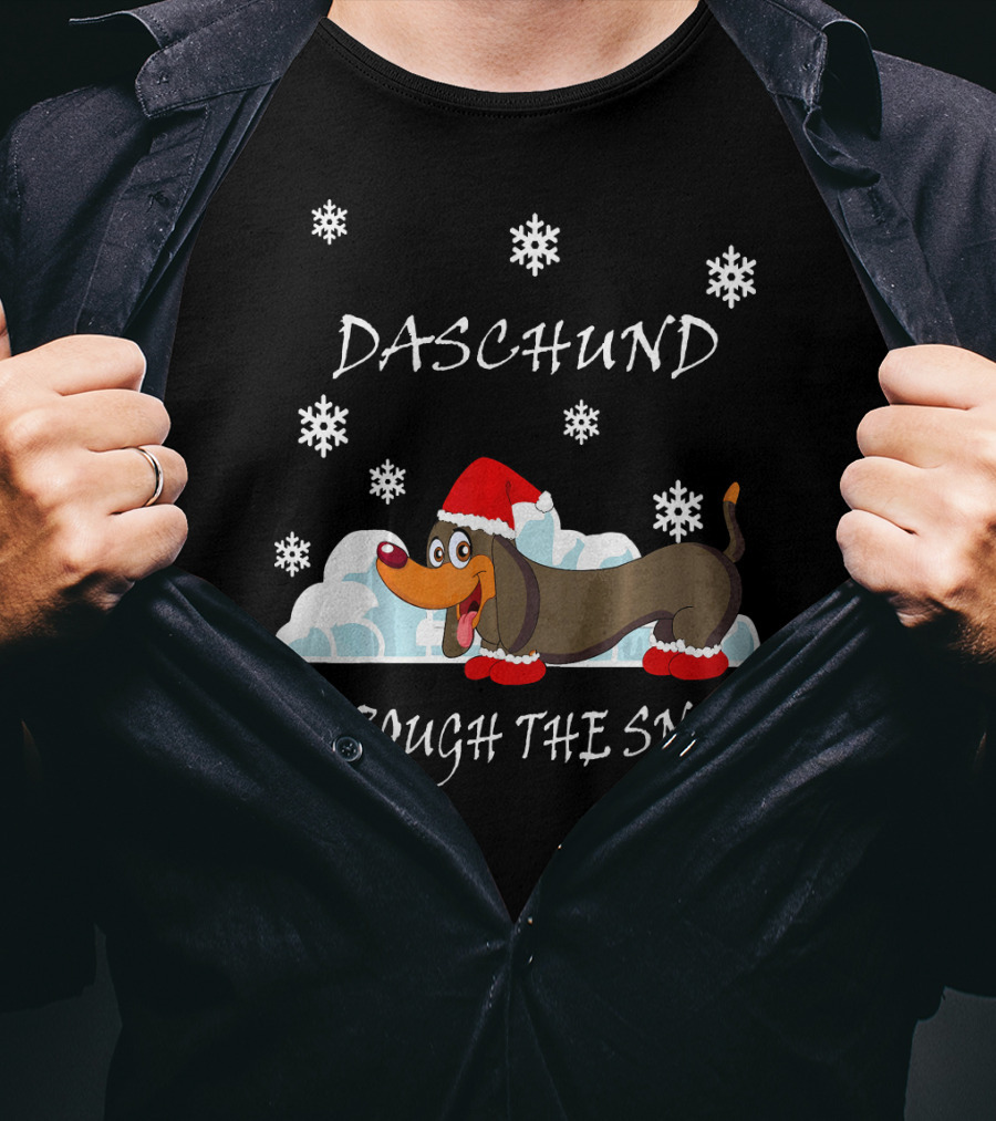 Daschund Through The Snow Santa Hat Snowflakes T-Shirt