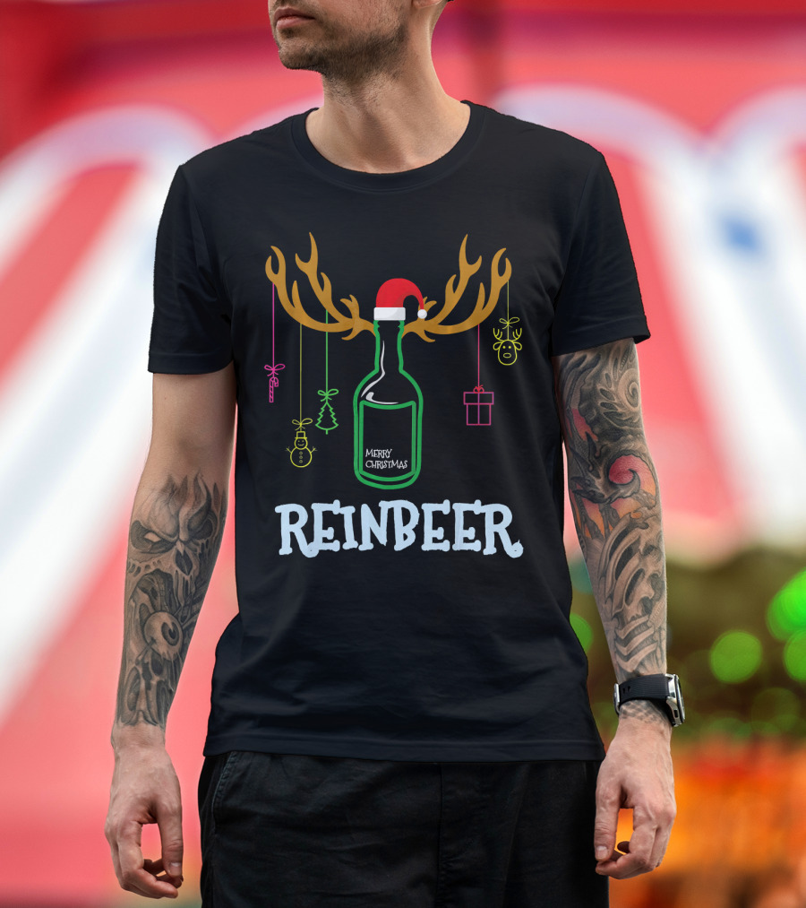 Reinbeer Merry Christmas Antler Bottle With Santa Hat And Hanging Decorations T-Shirt