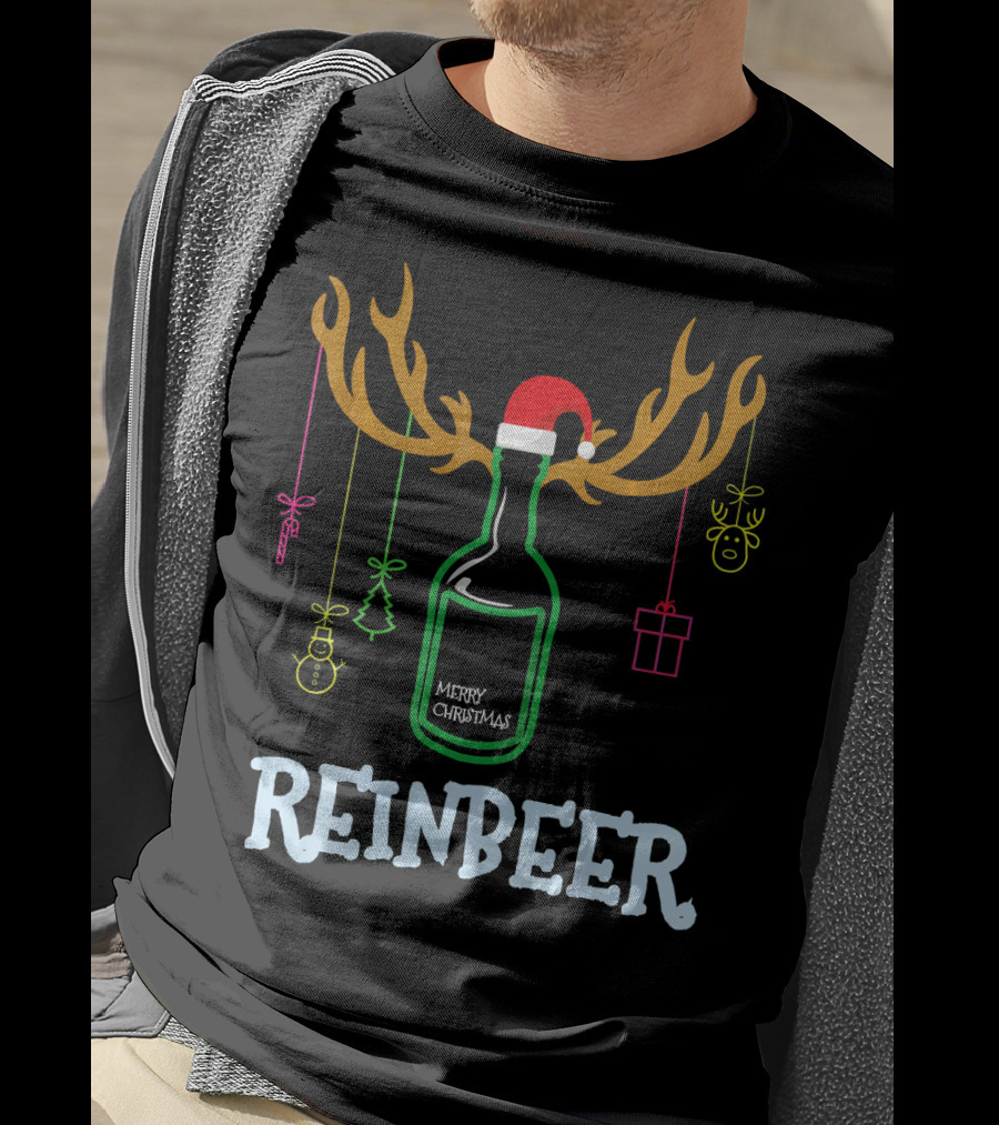 Reinbeer Merry Christmas Antler Bottle With Santa Hat And Hanging Decorations T-Shirt