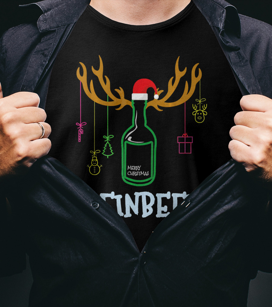 Reinbeer Merry Christmas Antler Bottle With Santa Hat And Hanging Decorations T-Shirt